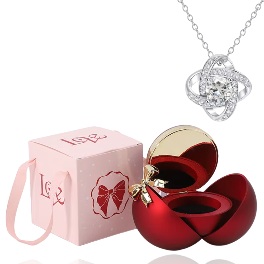 Boite à bijoux rouge avec collier en argent