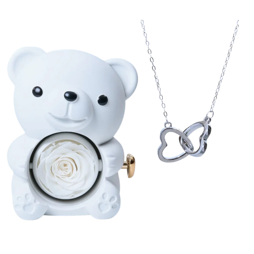 Boite à bijoux ourson blanc avec rose éternelle et collier en argent