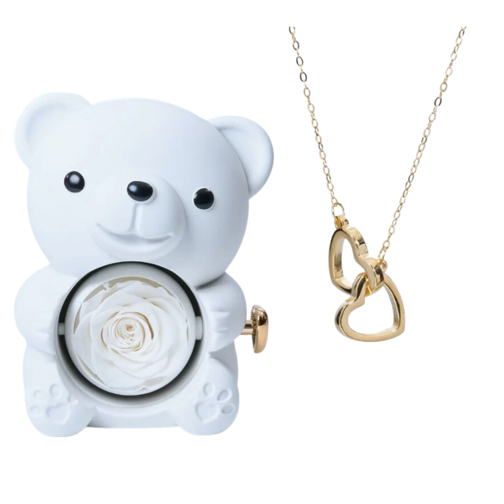 Boite à bijoux ourson blanc avec rose éternelle et collier en or