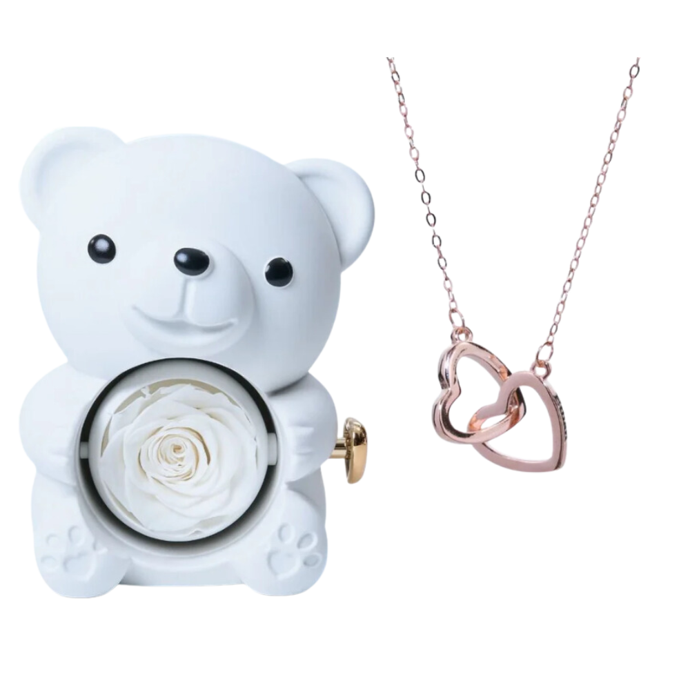 Boite à bijoux ourson blanc avec rose éternelle et collier en or rose