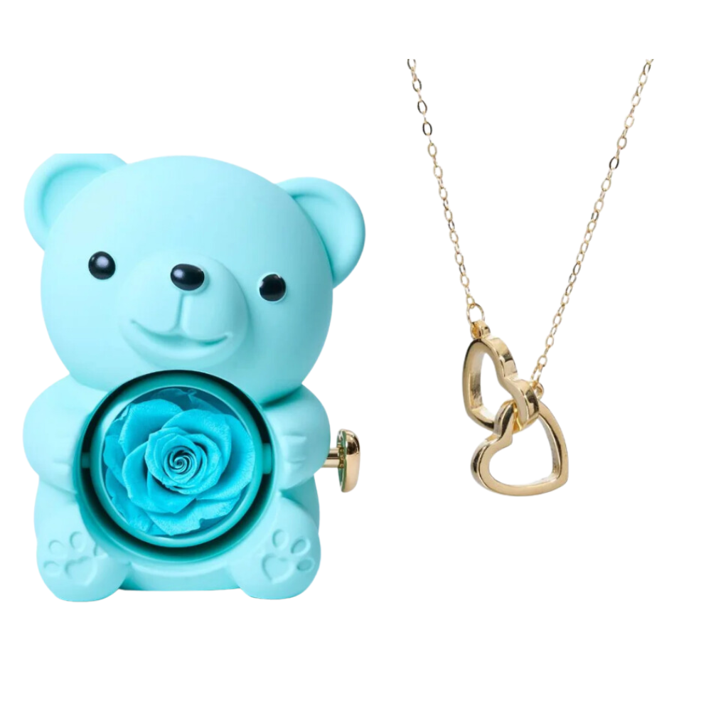 Boite à bijoux ourson bleu avec rose éternelle et collier en or