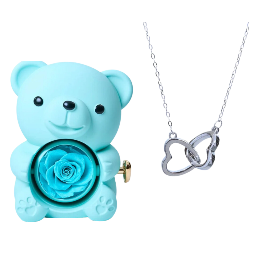 Boite à bijoux ourson bleu avec rose éternelle et collier en argent