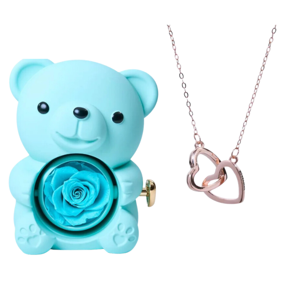 Boite à bijoux ourson bleu avec rose éternelle et collier en or rose