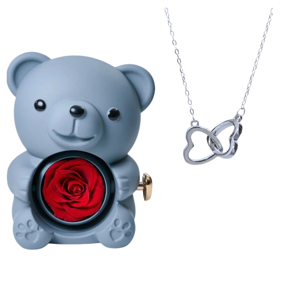 Boite à bijoux ourson gris avec rose éternelle et collier en argent