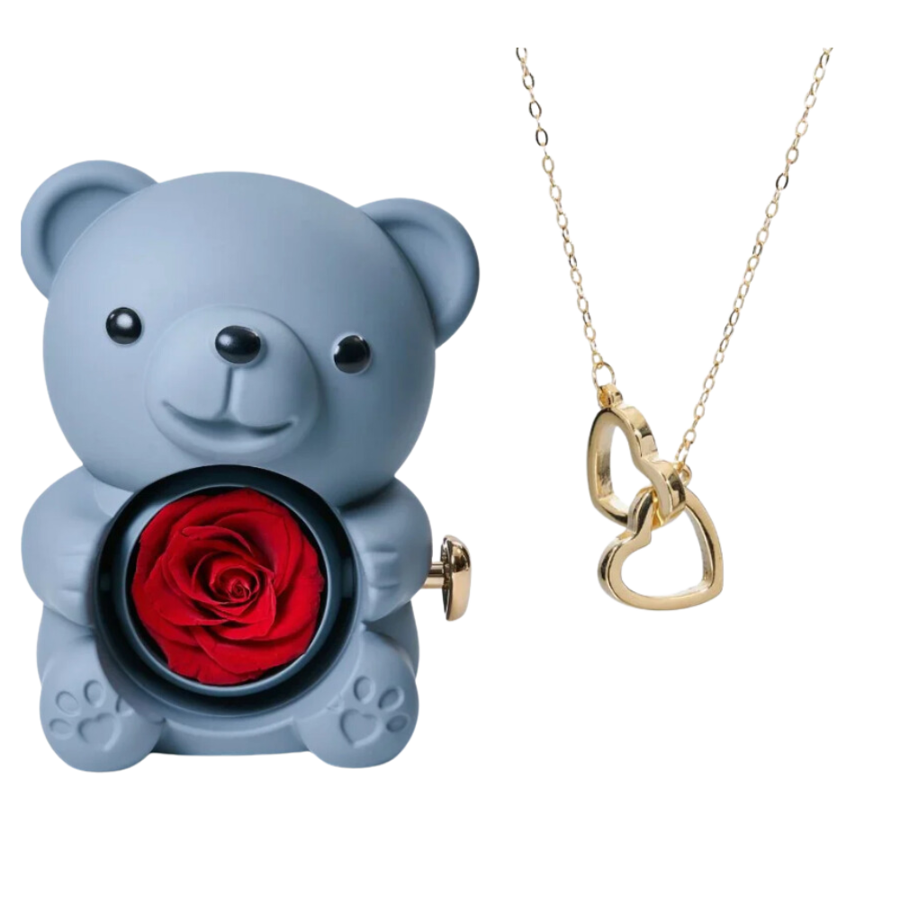 Boite à bijoux ourson gris avec rose éternelle et collier en or