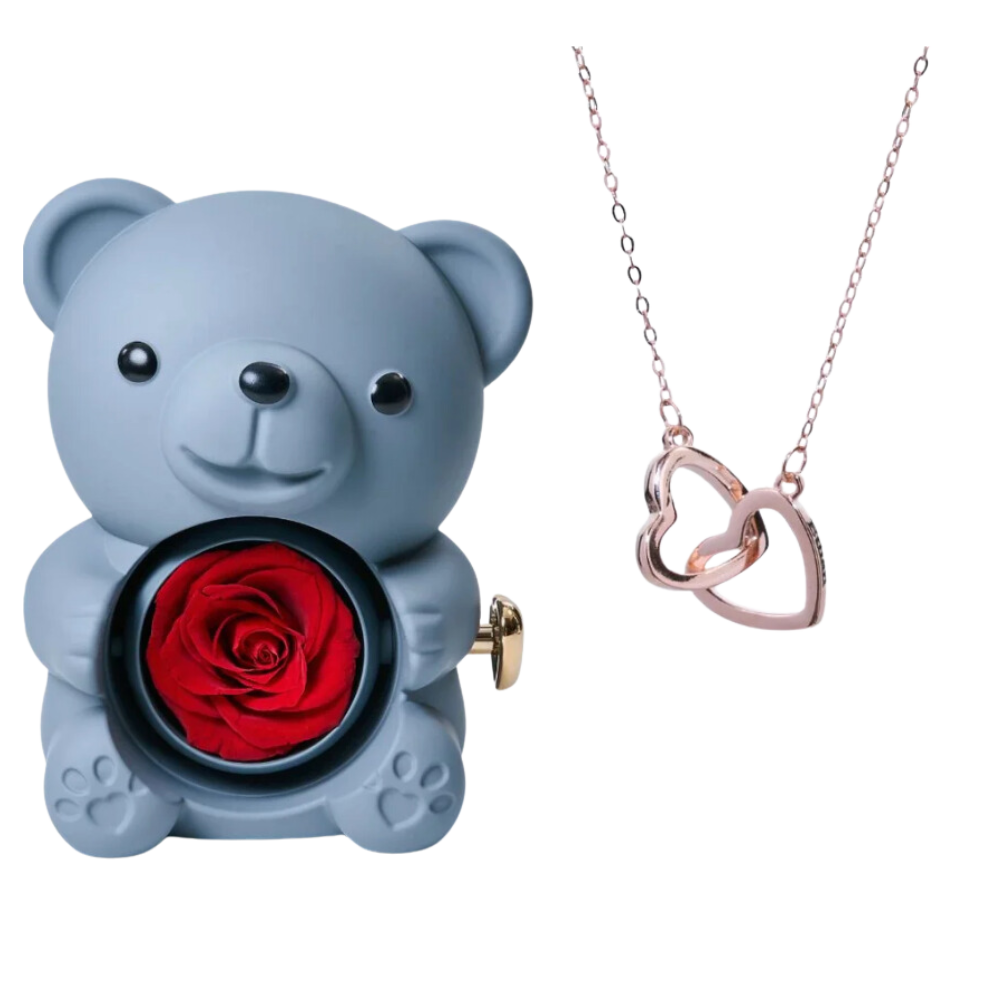 Boite à bijoux ourson gris avec rose éternelle et collier en or rose