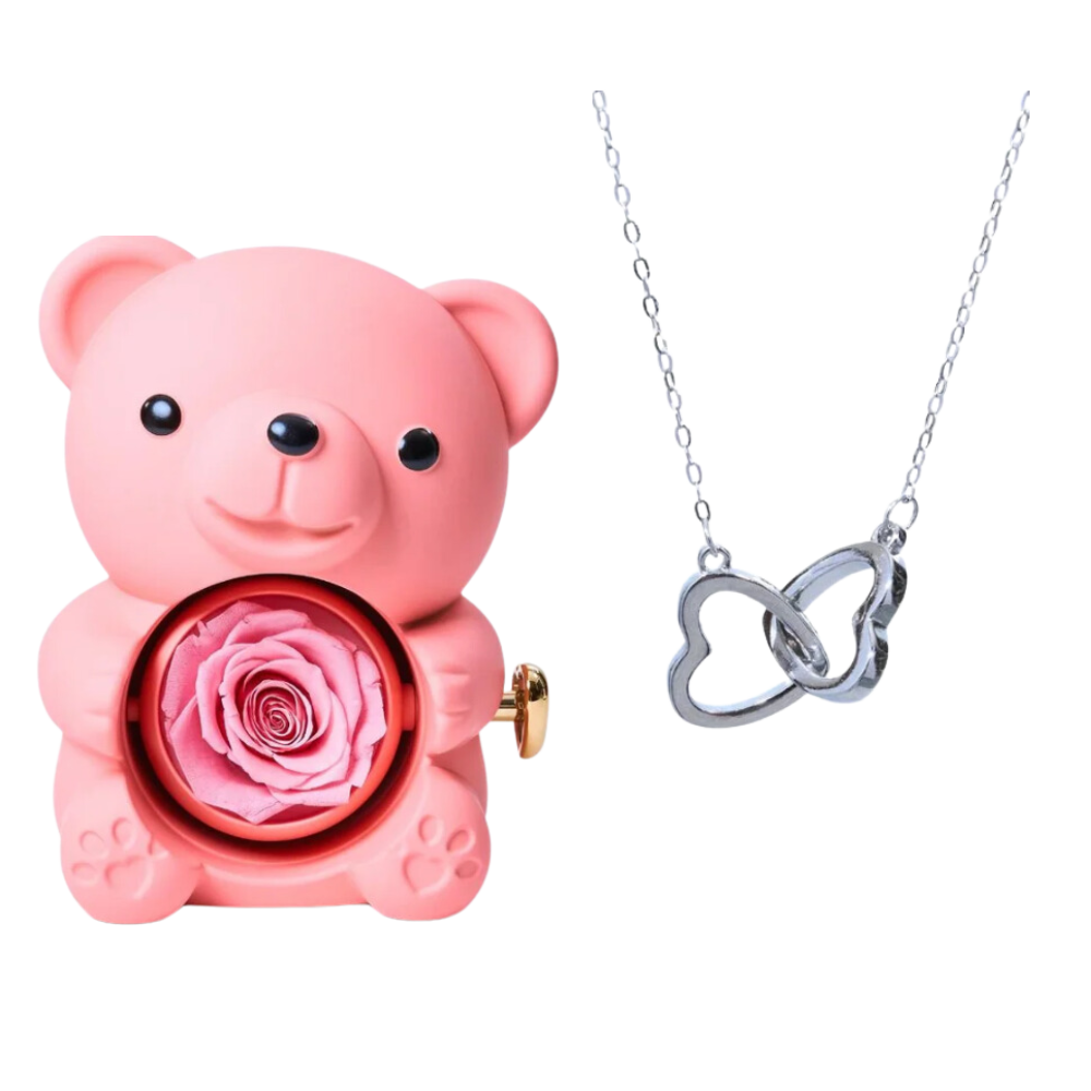 Boite à bijoux ourson rose avec rose éternelle et collier en argent