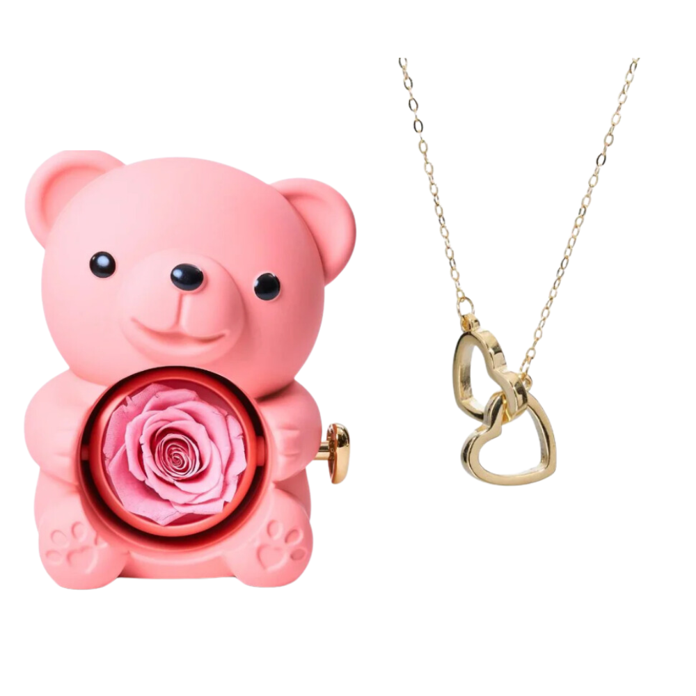 Boite à bijoux ourson rose avec rose éternelle et collier en or