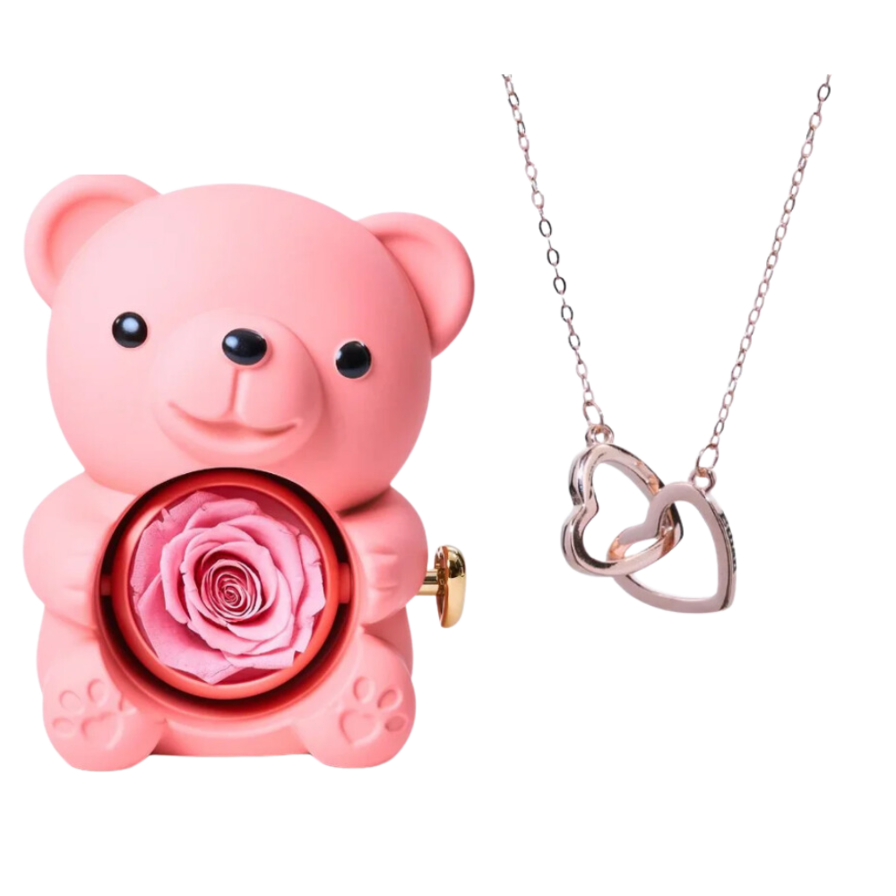 Boite à bijoux ourson rose avec rose éternelle et collier en or rose