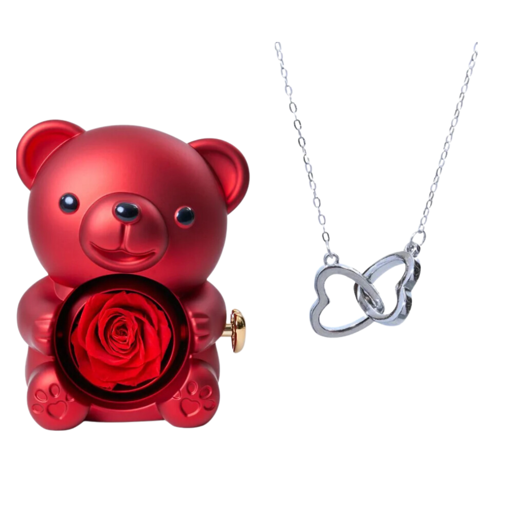Boite à bijoux ourson rouge avec rose éternelle et collier en argent