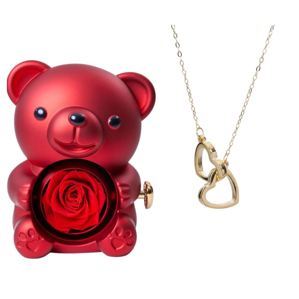 Boite à bijoux ourson rouge avec rose éternelle et collier en or