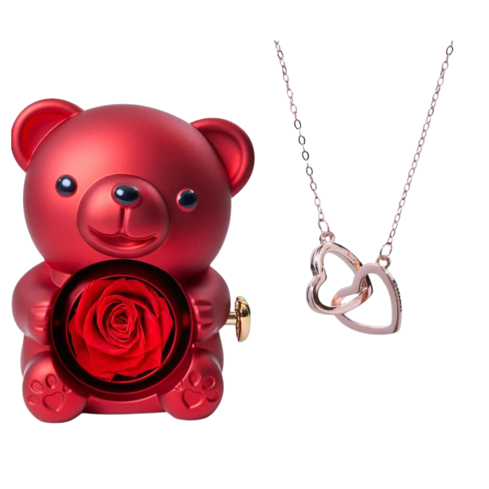 Boite à bijoux ourson rouge avec rose éternelle et collier en or rose