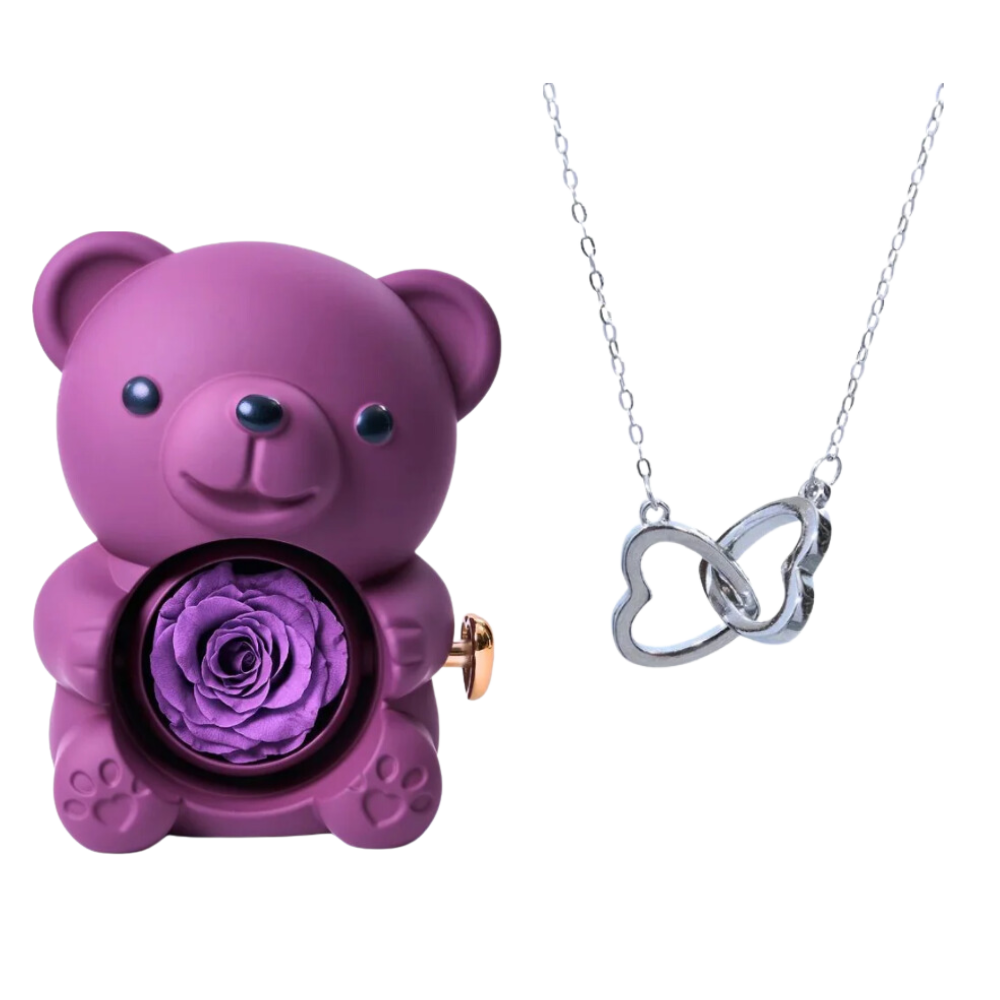 Boite à bijoux ourson violet avec rose éternelle et collier en argent