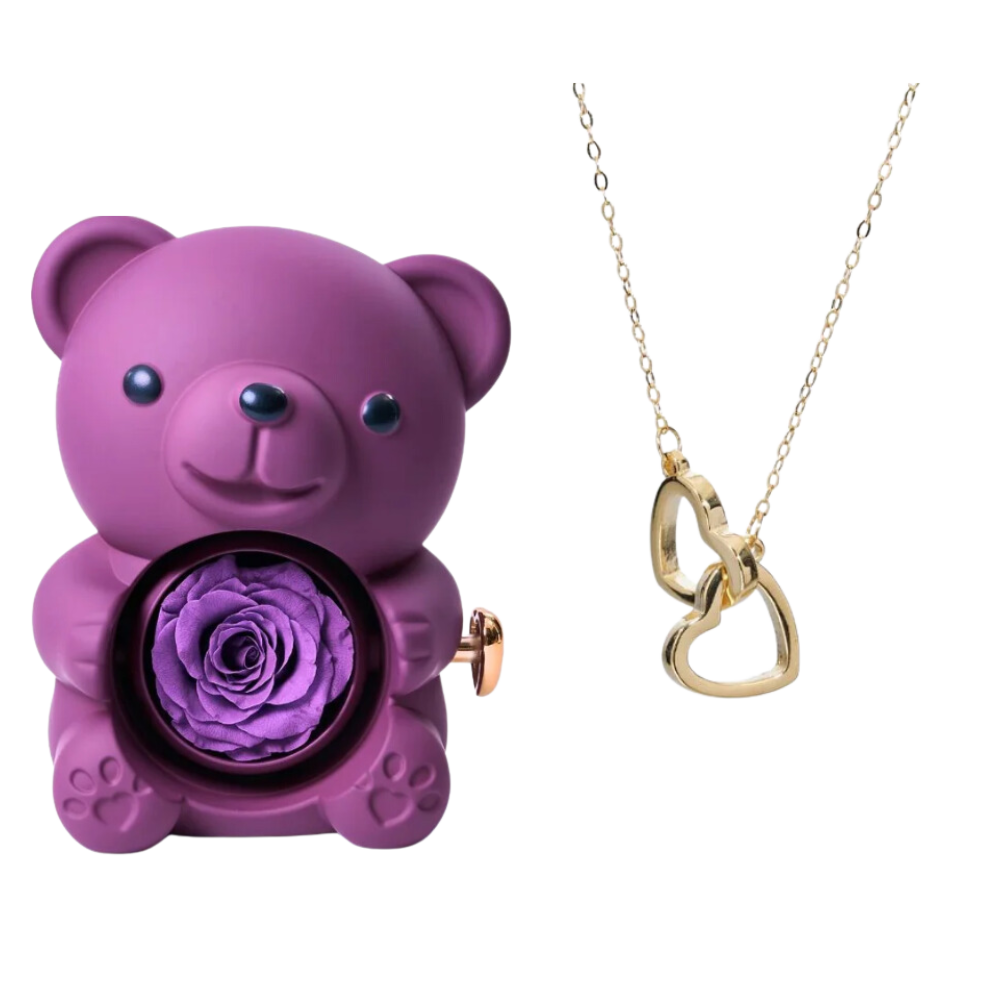 Boite à bijoux ourson violet avec rose éternelle et collier en or