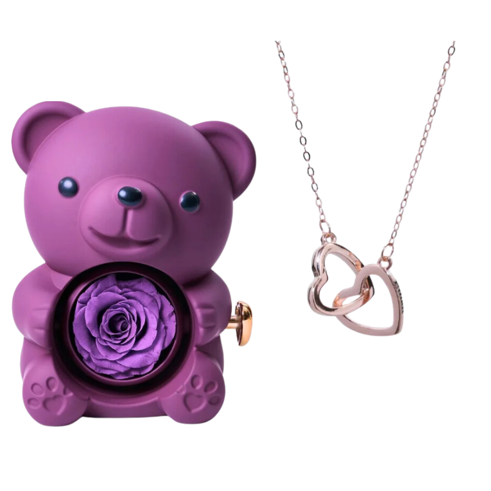 Boite à bijoux ourson violet avec rose éternelle et collier en or rose