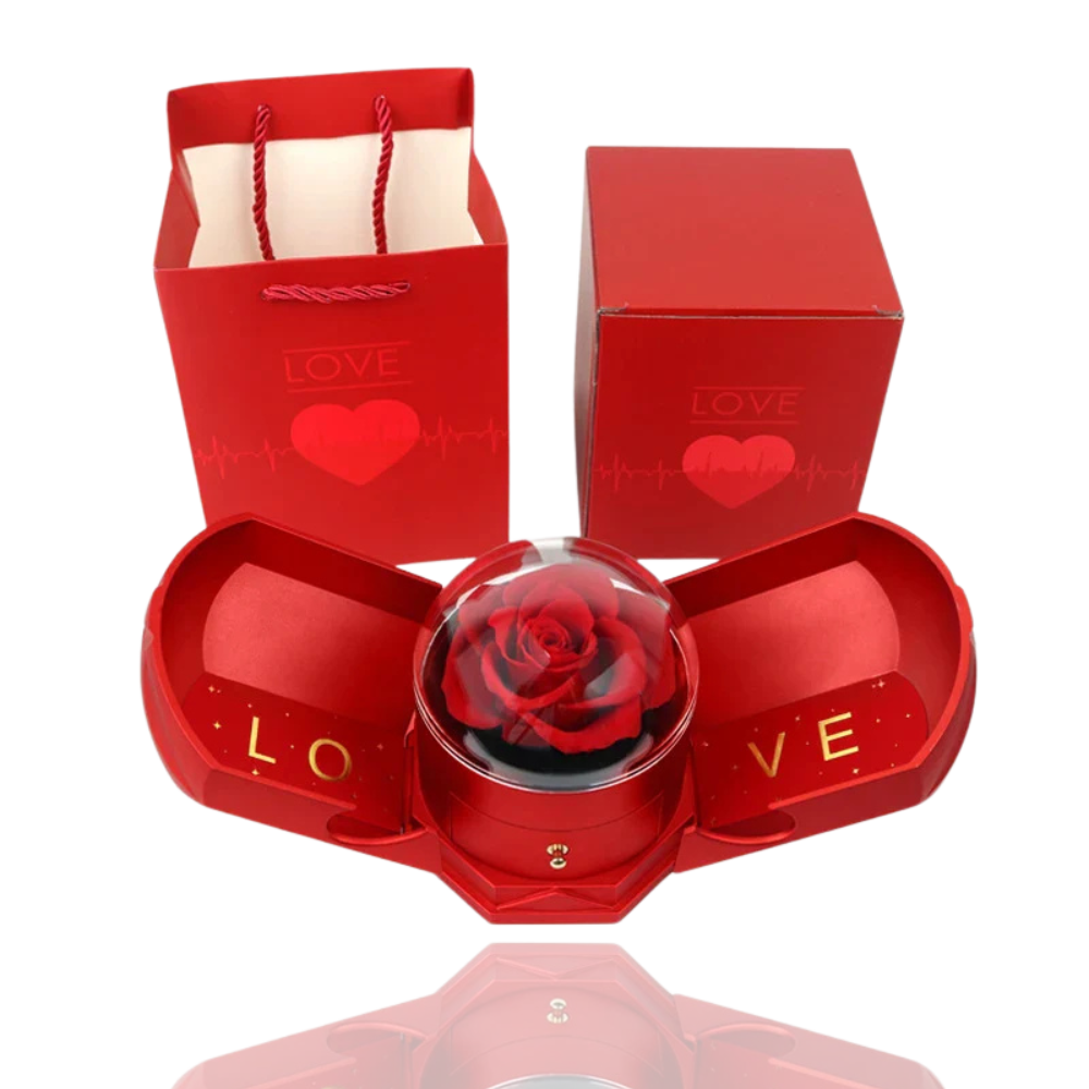Boîte à bijoux en rose éternelle rouge en forme de carroussel