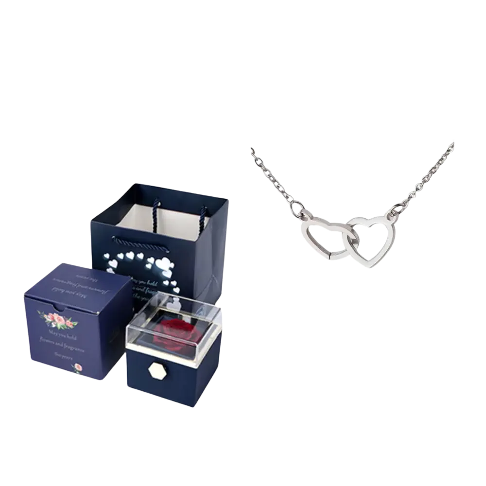 Boite à bijou bleu en rose éternelle avec collier coeur en argent