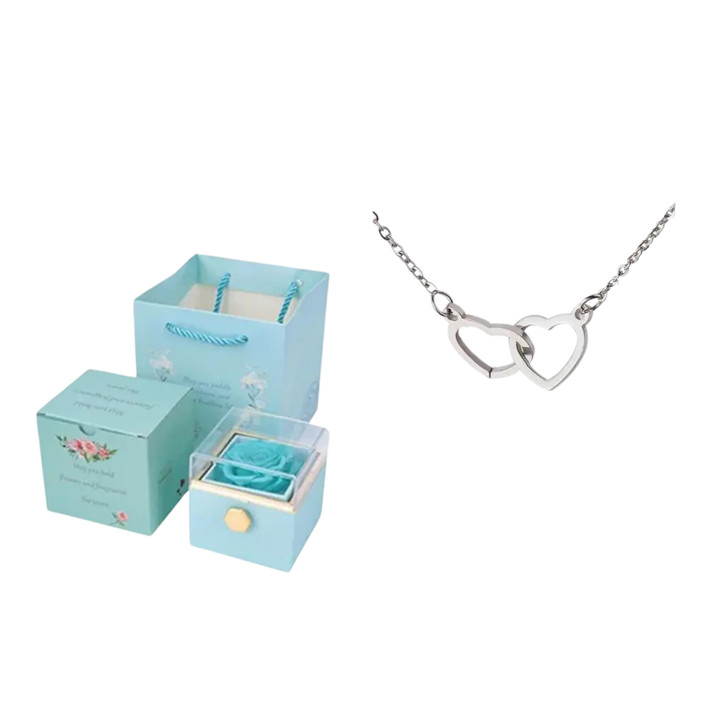 Boite à bijou bleu ciel en rose éternelle avec collier coeur en argent
