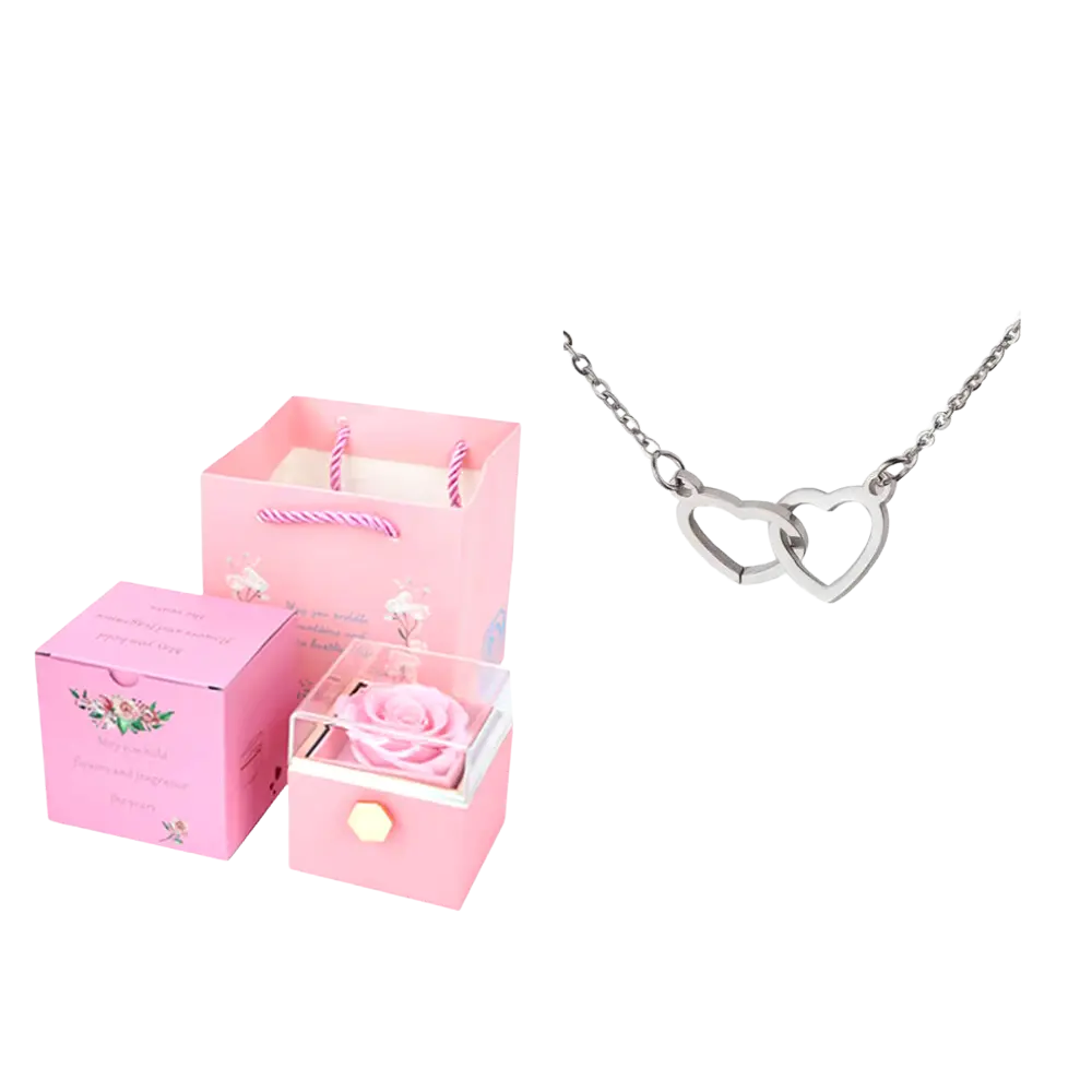 Boite à bijou rose en rose éternelle avec collier coeur en argent