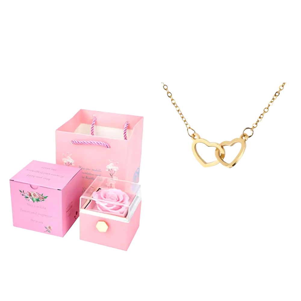 Boite à bijou rose en rose éternelle avec collier coeur en or