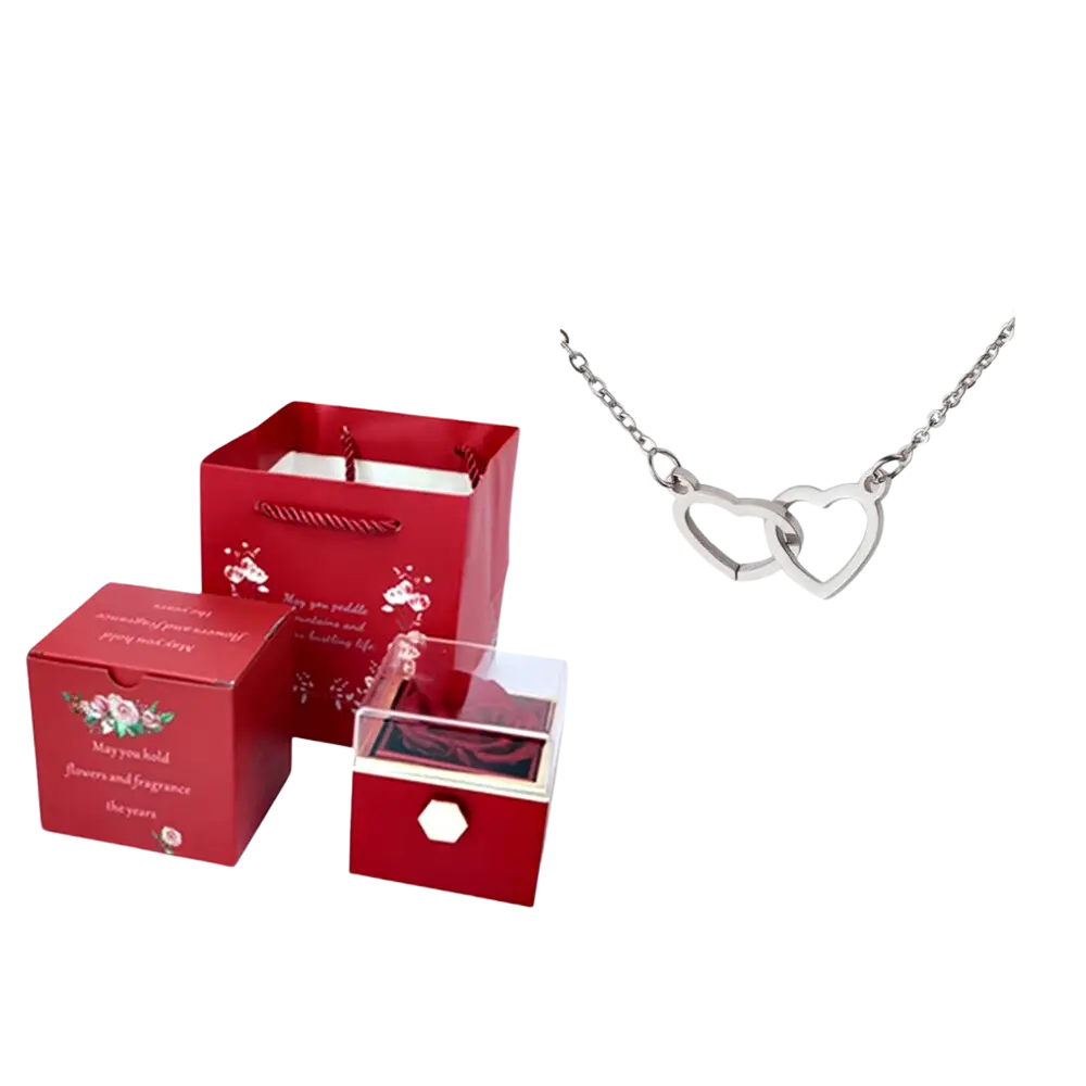 Boite à bijou rouge en rose éternelle avec collier coeur en argent